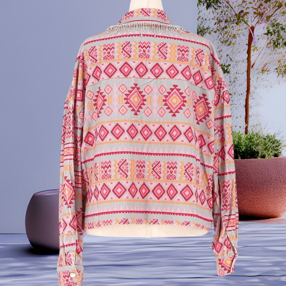SAVANNA JANE Rhinestone Tassels Aztec Inspired Print Corduroy Jacket NEW IN PACK - Picture 5 of 10